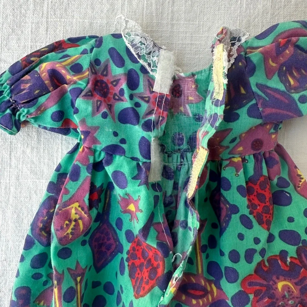 Vintage 1990s Handmade Doll Dress Teal Purple Novelty Print Lace Collar 7 Inch